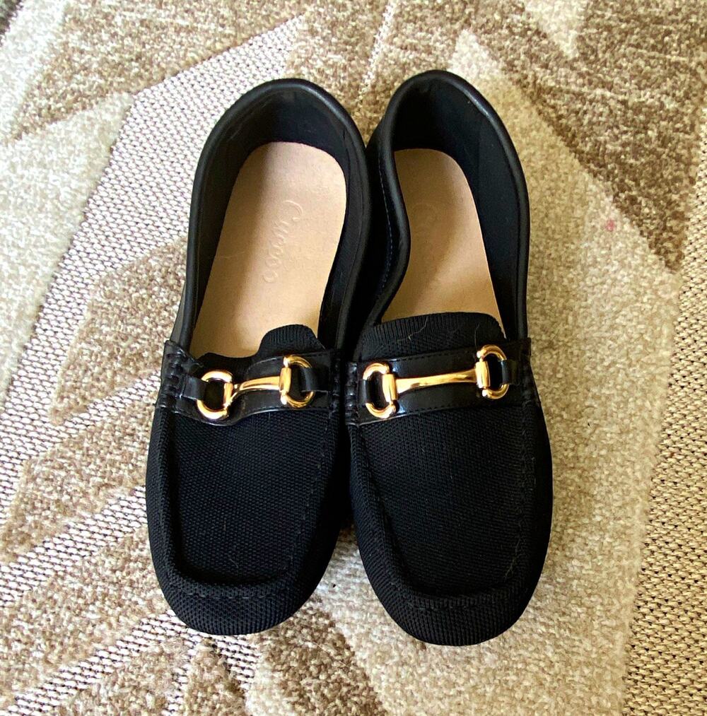 Women’s Black Synthetic Slip-On Loafer Flats Square Toe Gold Tone 8.5